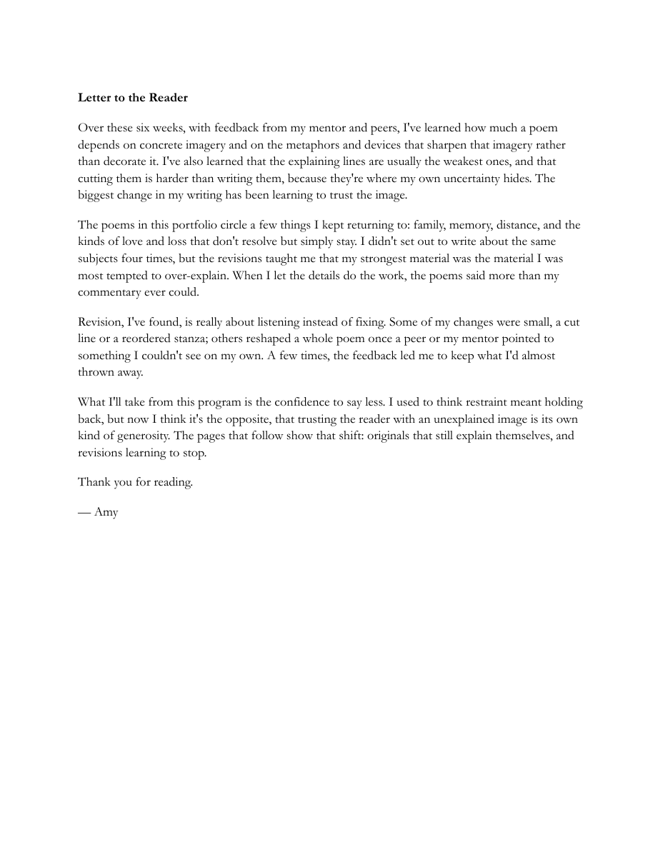 Letter to the Reader, the opening page of Amy’s Adroit poetry portfolio.